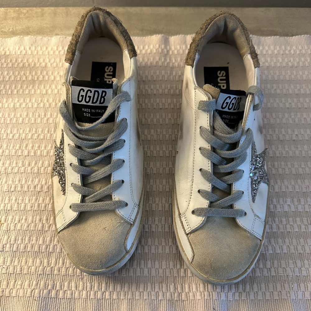 GOLDEN GOOSE Super-Star Sneakers with Silver Glitter Star and Leopard-Print
